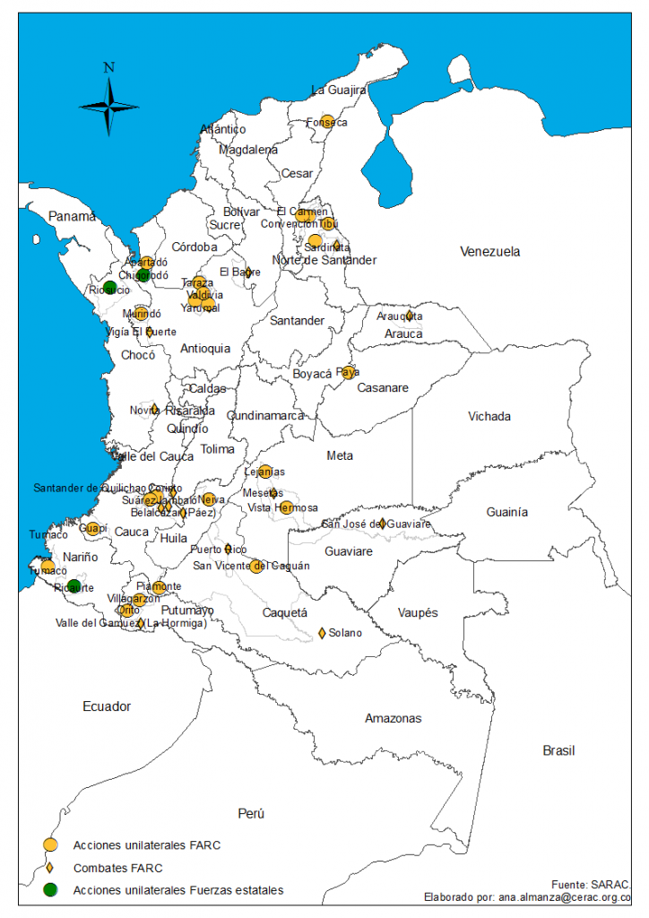 Distribución geográfica de los eventos violatorios del cese unilateral de las FARC